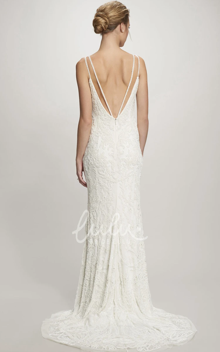Lace Spaghetti Floor-Length Wedding Dress with Brush Train and V-Back Elegant Bridal Gown