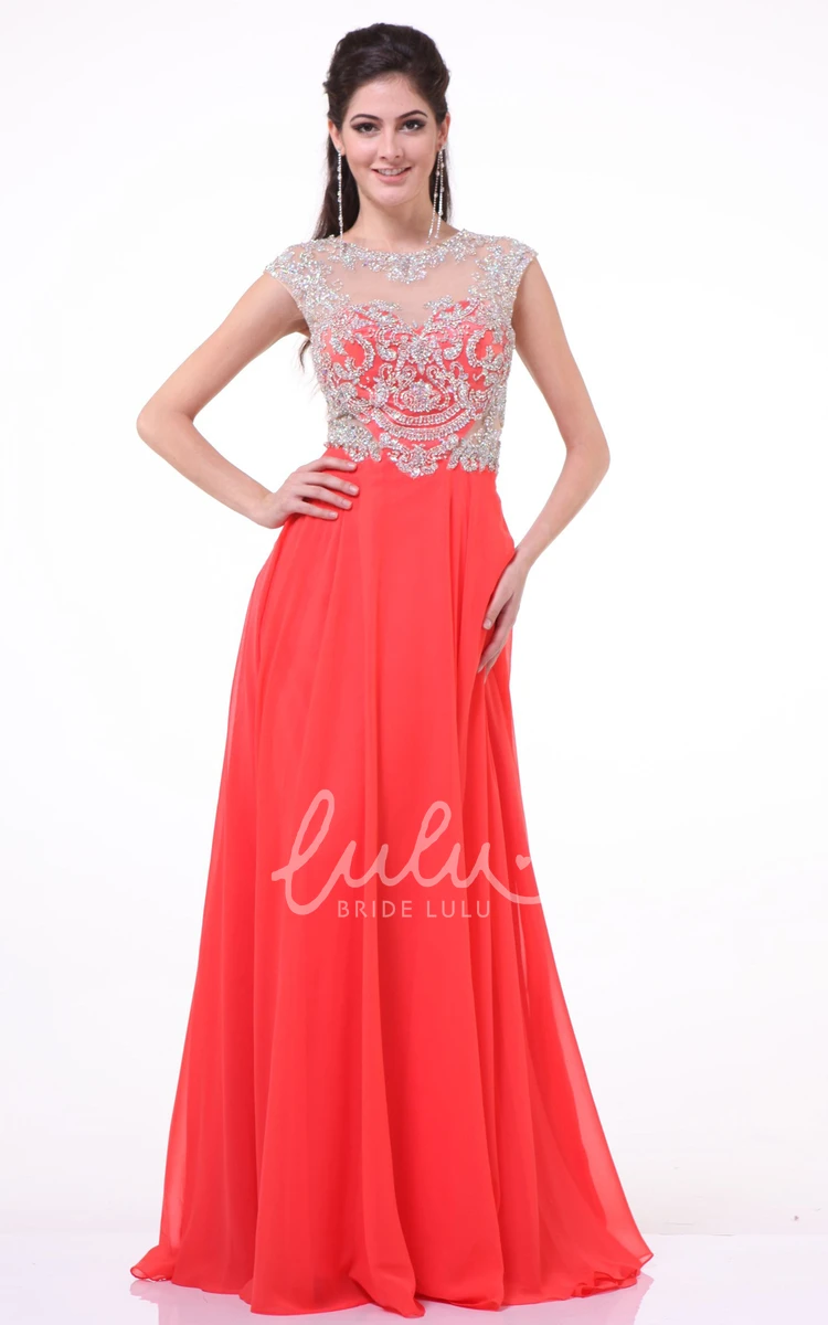 Chiffon Illusion Prom Dress with Beading A-Line Cap-Sleeve Jewel-Neck Long