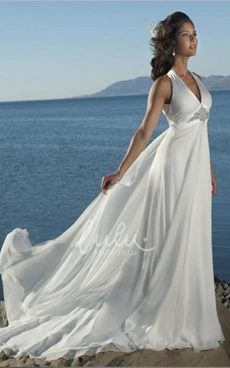 Empire Chiffon Beach Wedding Dress with V-neck