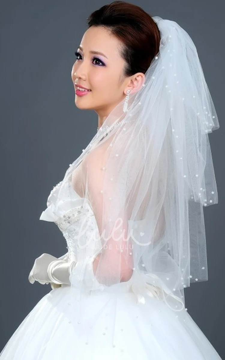Pearl Beaded Elbow Wedding Veil Multi-Layered & Puffy