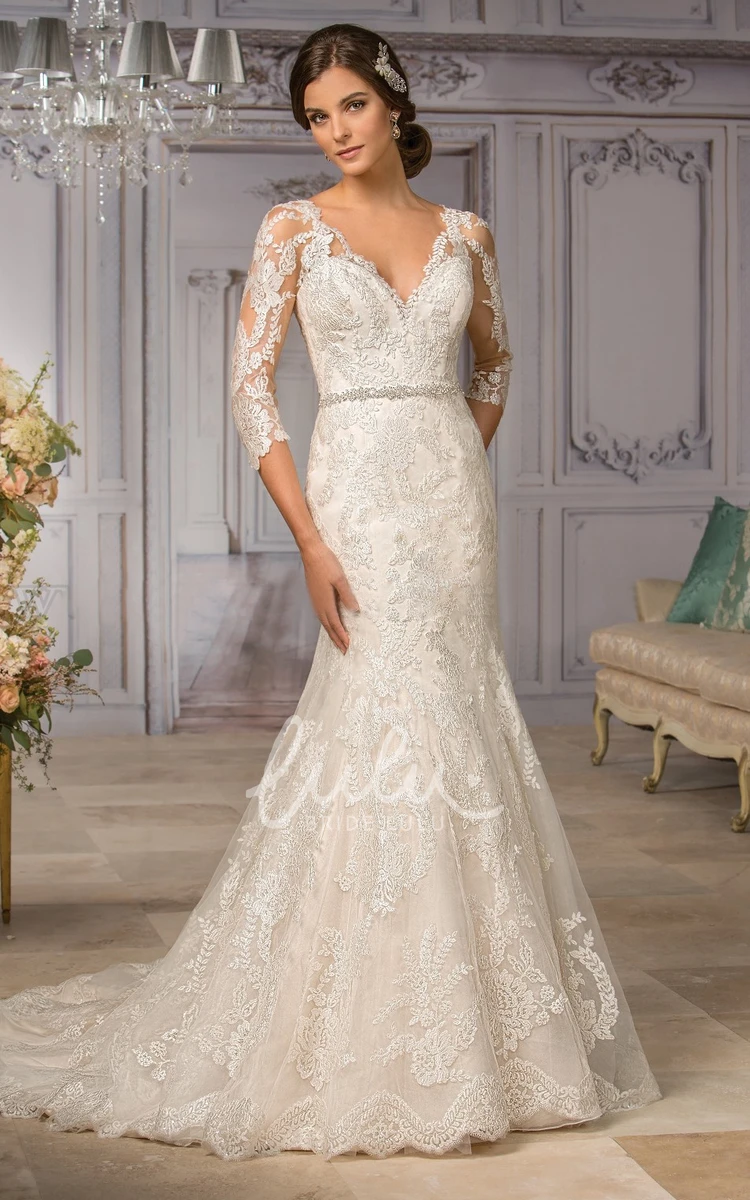 V-Neck Mermaid Wedding Dress with Sleeves and Appliques