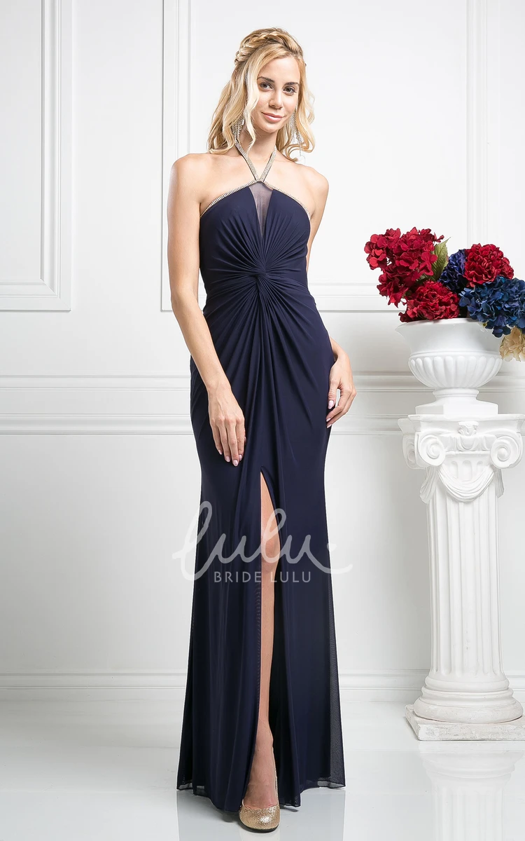 Halter Chiffon Maxi Bridesmaid Dress with Split Front and Draping