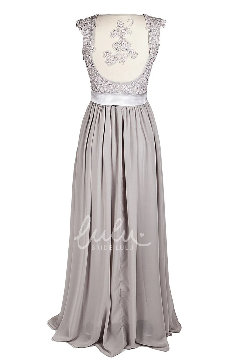 Lace Bodice Cap-Sleeve Formal Dress with Sash