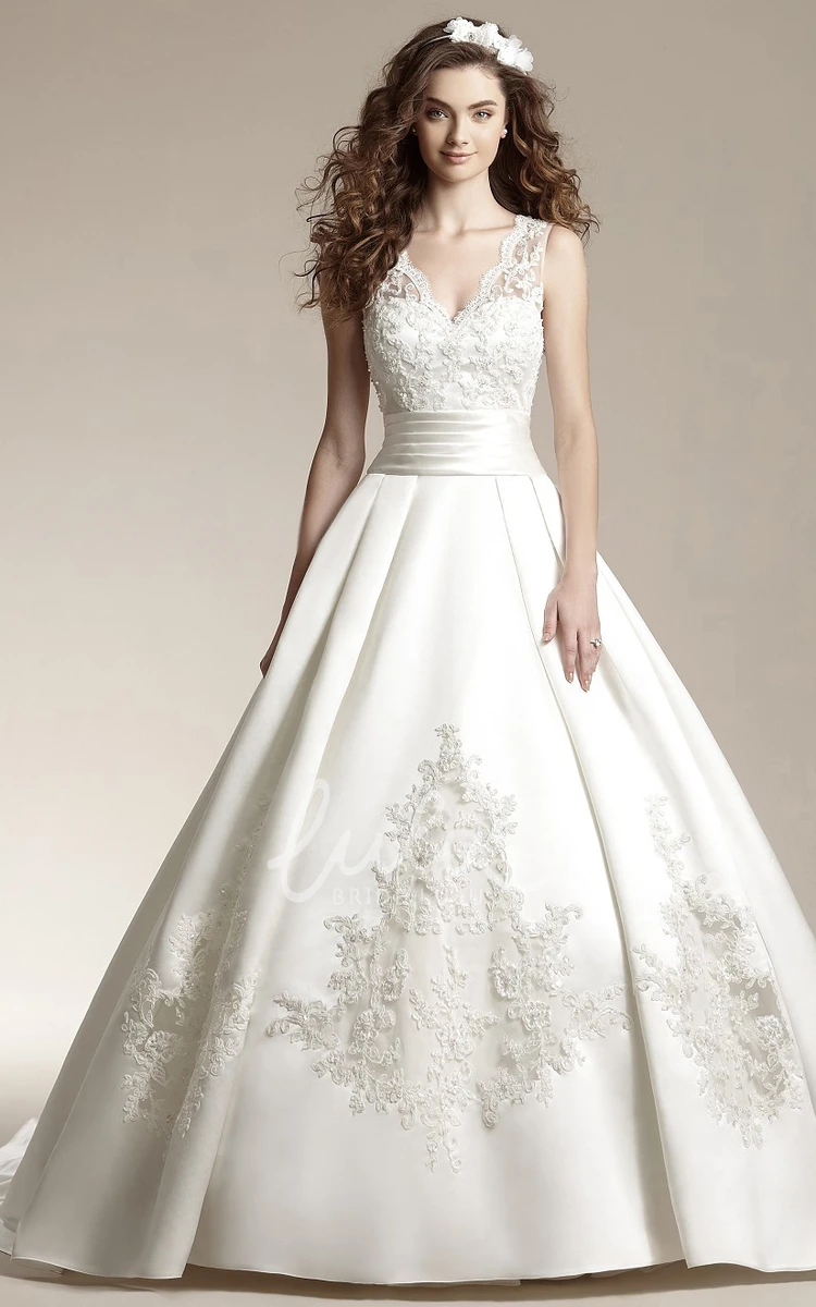 Ballgown Sleeveless V-Neck Wedding Dress with Lace Detail and Appliques