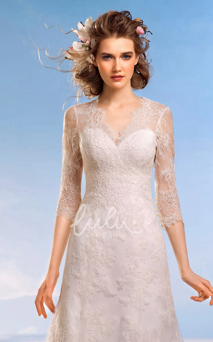 V-Neck Lace Applique A-Line Dress with Keyhole and 3/4 Sleeves