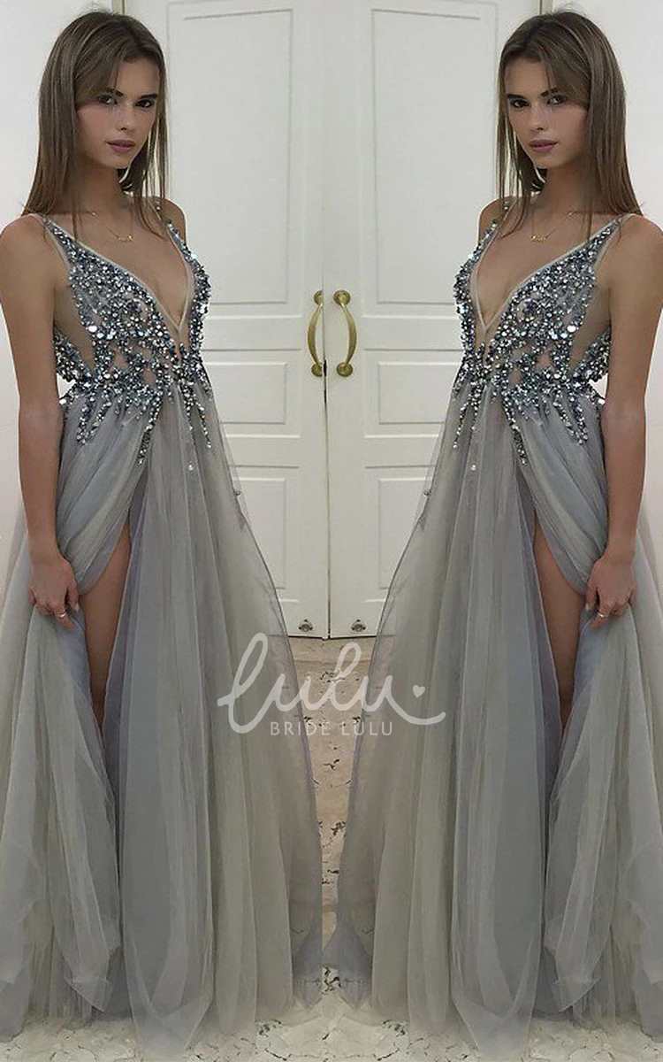 Elegant Sleeveless V-Neck Tulle A-Line Prom Dress with Floor-Length Hem