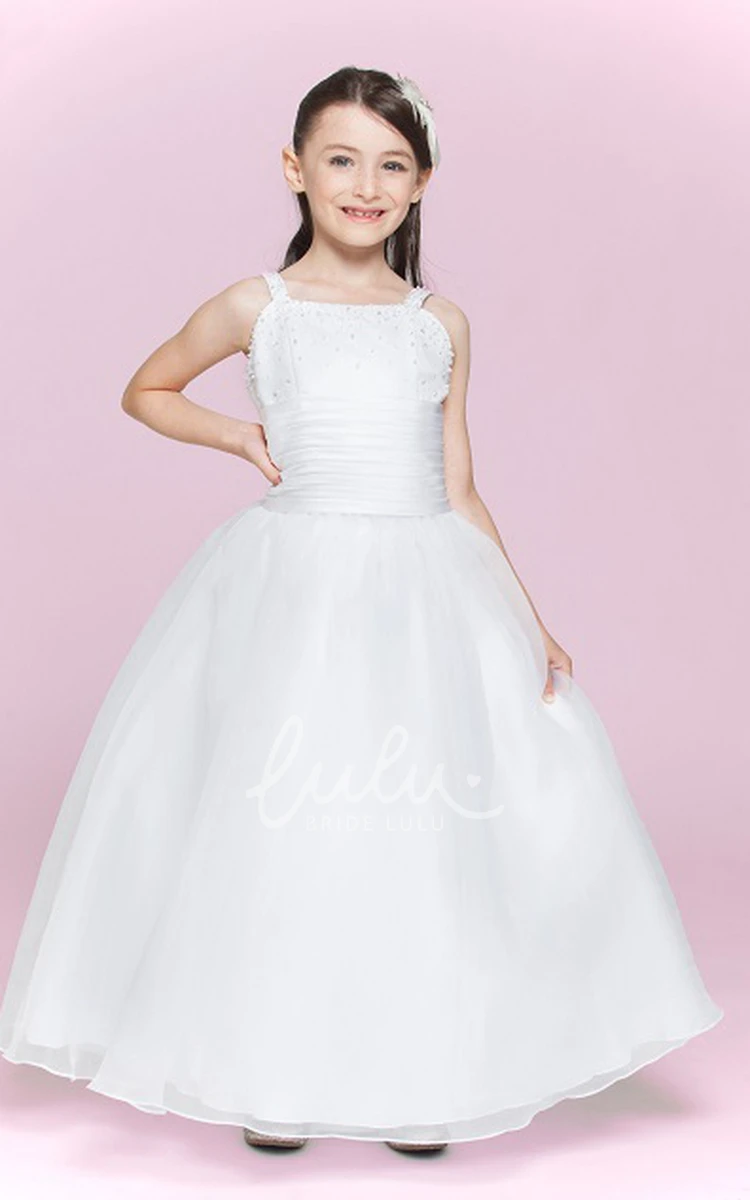 Organza Square Neck Flower Girl Ball Gown with Bandage and Flower