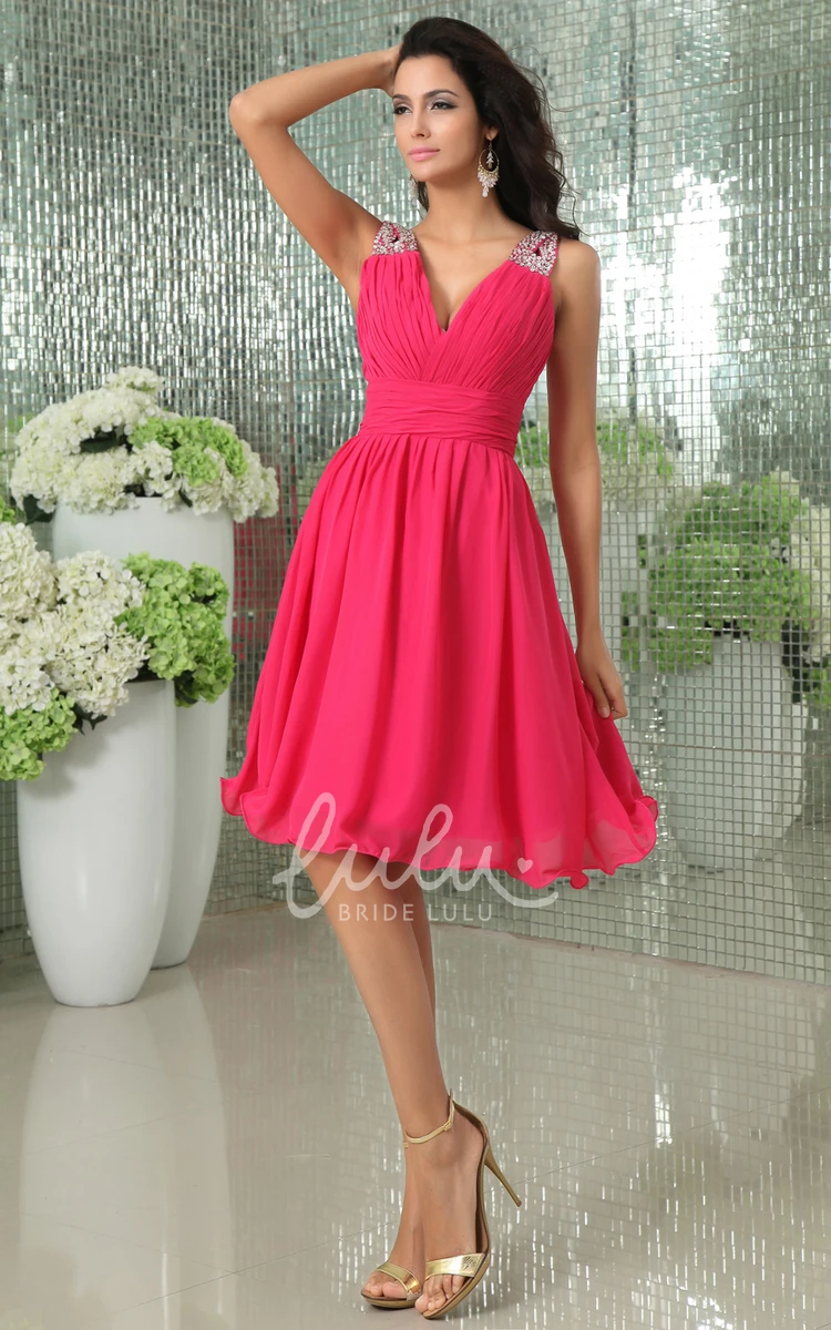 V-Neck Chiffon Short Formal Dress with Beaded Strap Sleeveless A-Line