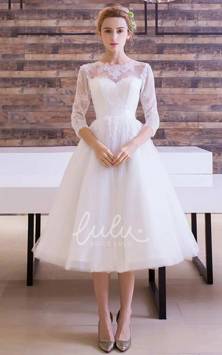 Tea Length Pleated Lace Dress with Jewel Neck and Long Sleeves