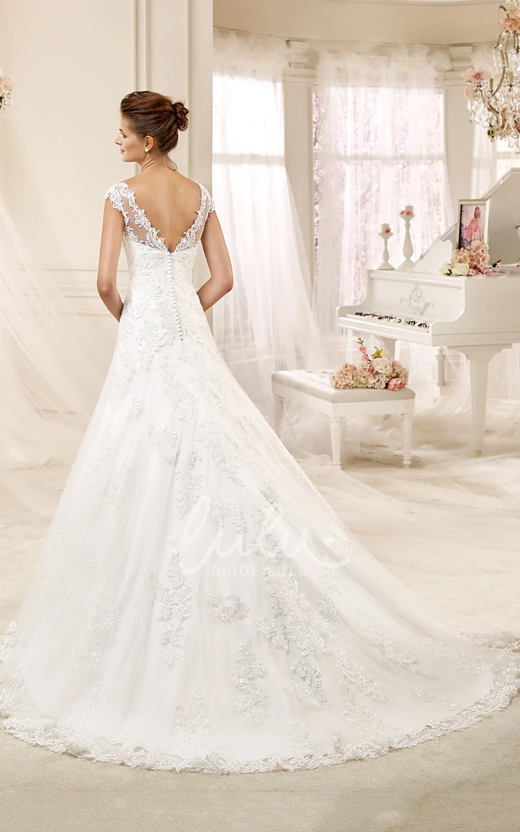 A-line Wedding Gown with Cap Sleeves Illusive Design and Appliques