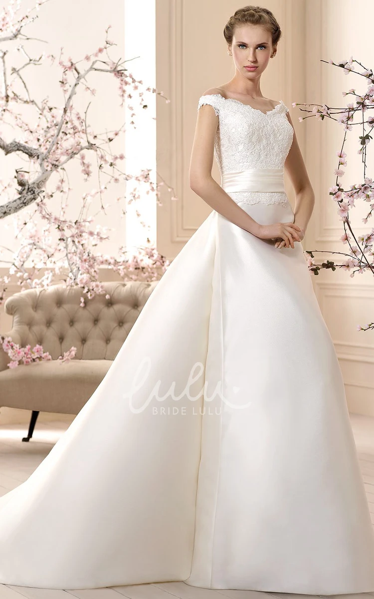 V-Neck Satin Wedding Dress with Appliques Floor-Length