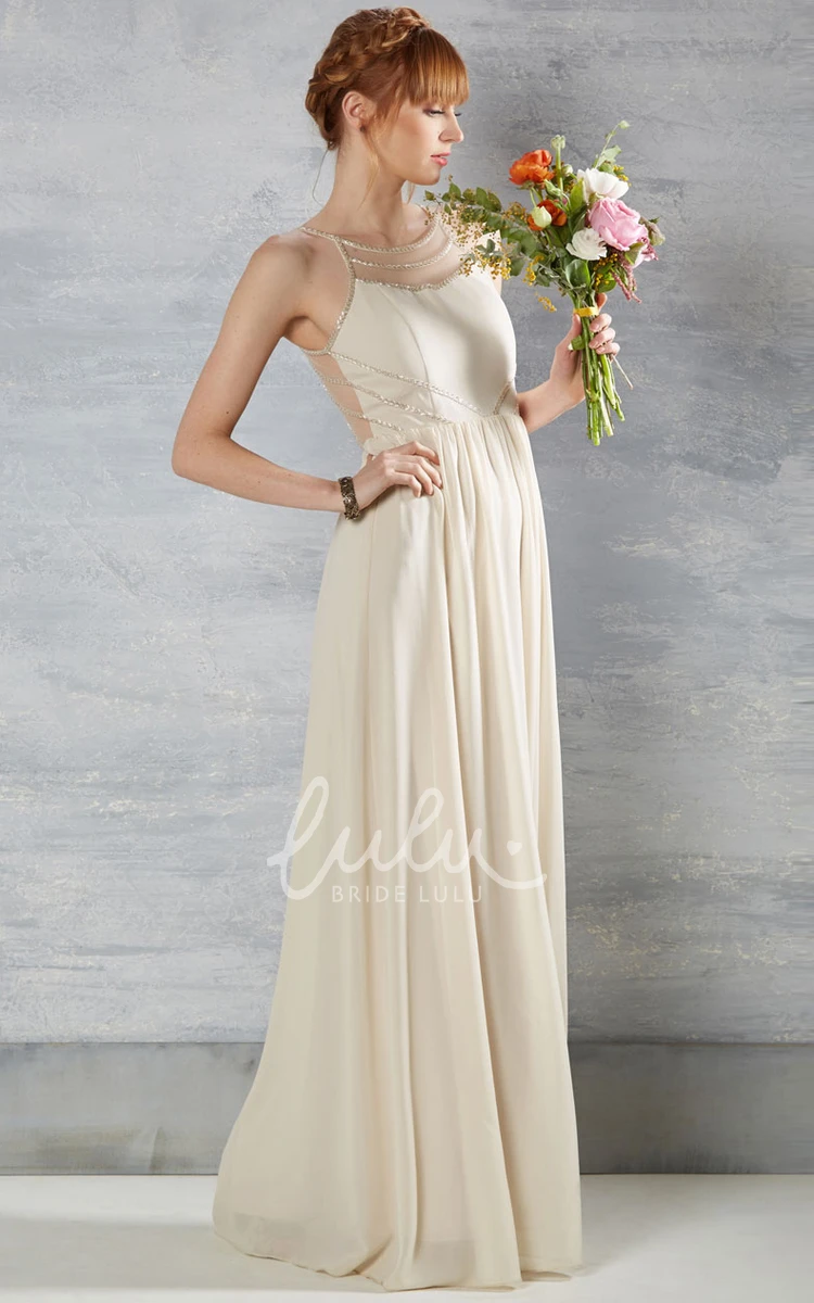 Chiffon Wedding Dress with Beading and Illusion Sleeveless Pleated Scoop Neck