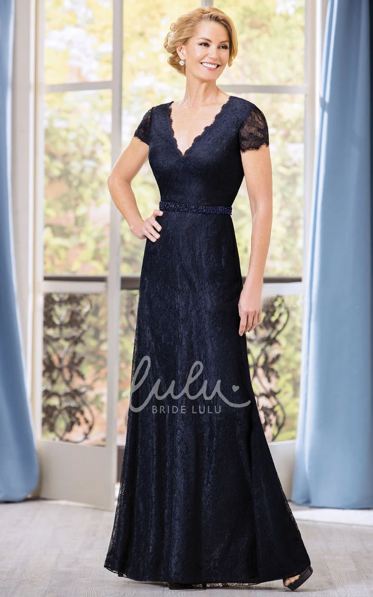 Long Sleeve V-Neck Lace Mother of the Bride Dress with Jeweled Bow
