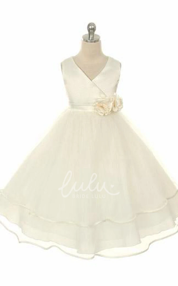 Tea-Length Tulle and Satin Flower Girl Dress with Tiered Skirt