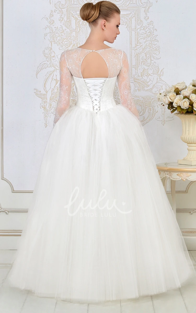 Lace Applique Beaded V-Neck Wedding Dress with Tulle Ball Gown Maxi Sleeves