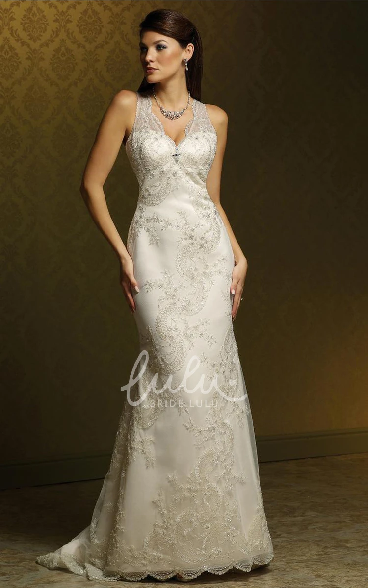 Sleeveless Lace Wedding Dress with Bow and Pleats Sheath Floor-Length