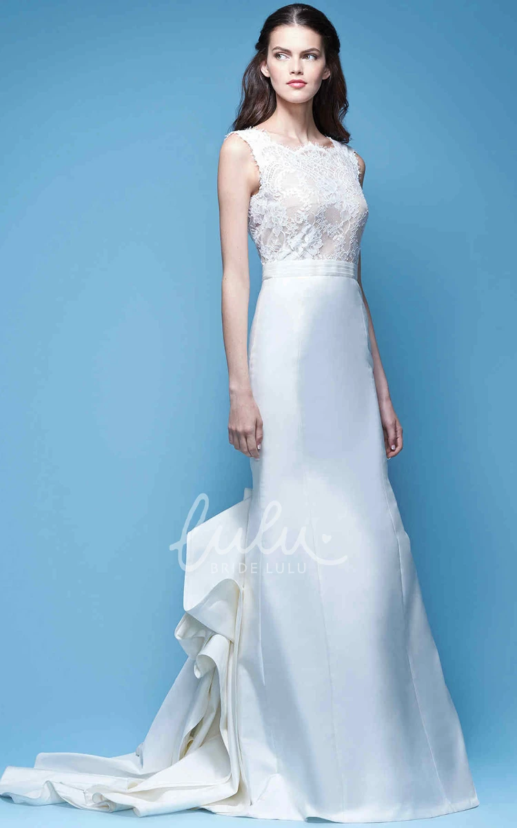 Lace Sheath Satin Wedding Dress with Bateau-Neck Modern Bridal Gown