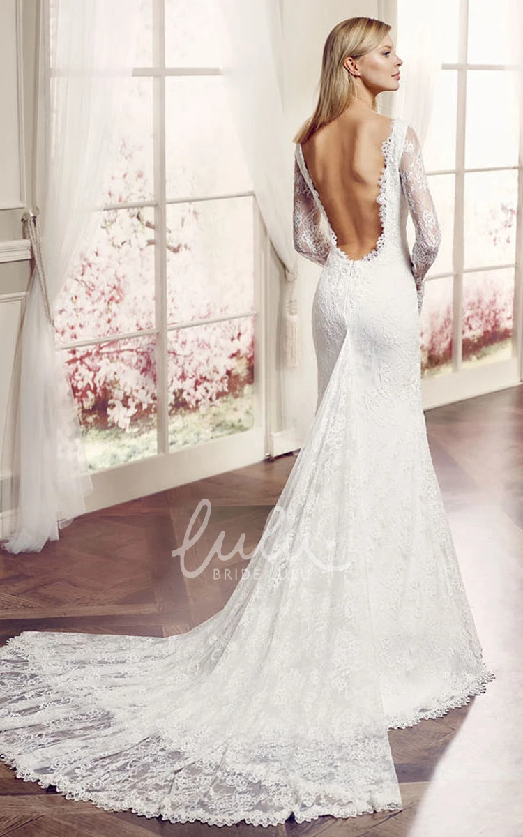 Long-Sleeve Lace V-Neck Wedding Dress with Train