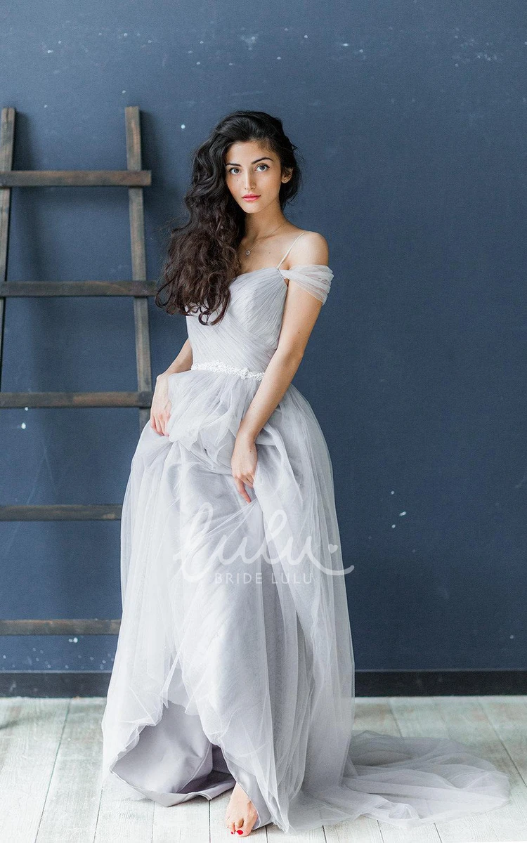 A-Line Tulle Spaghetti Dress with Criss Cross and Waist Jewelry Wedding Dress