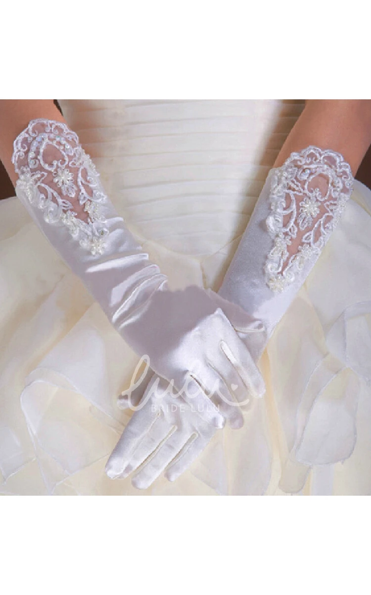 Stretch Satin Sequin Beaded Wedding Dress Gloves White Long Length