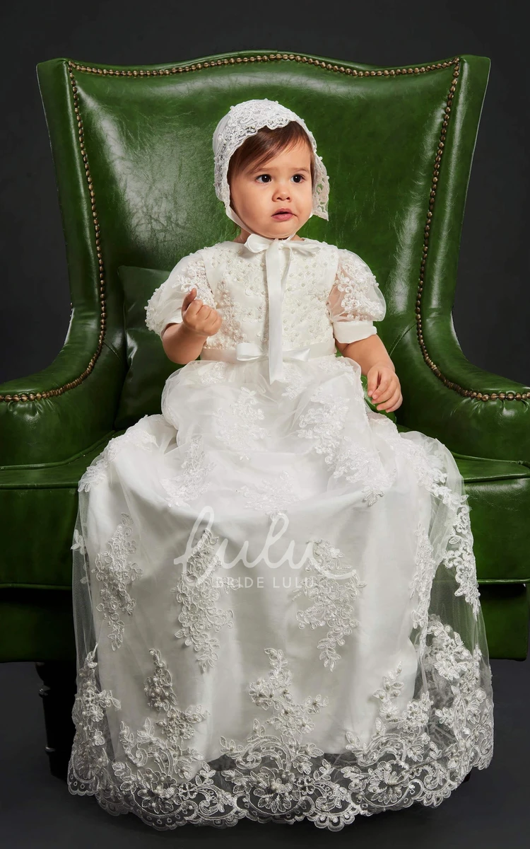 Puff Sleeve Christening Gown with Pearls and Lace Unique Christening Dress