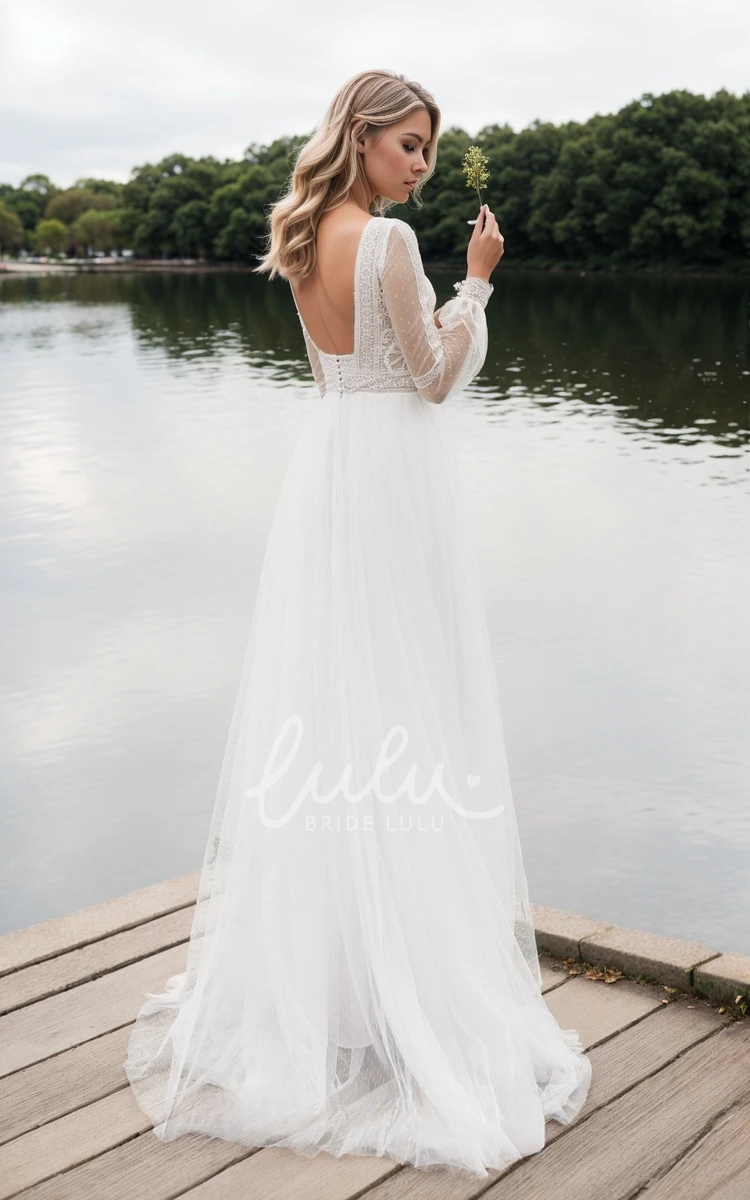 Ethereal Lace Boho Wedding Dress with Long Sleeves A-line Bateau Square Bridal Gown