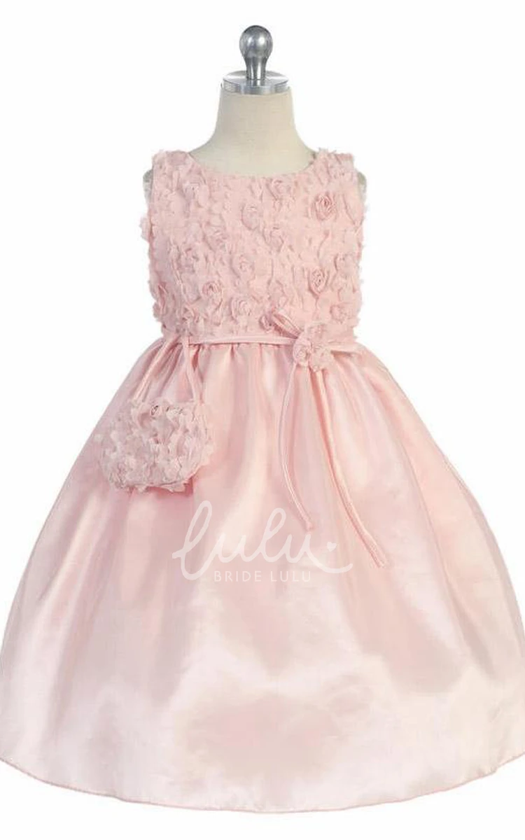 Embroidered Tulle & Taffeta Flower Girl Dress with Bow Knee-Length