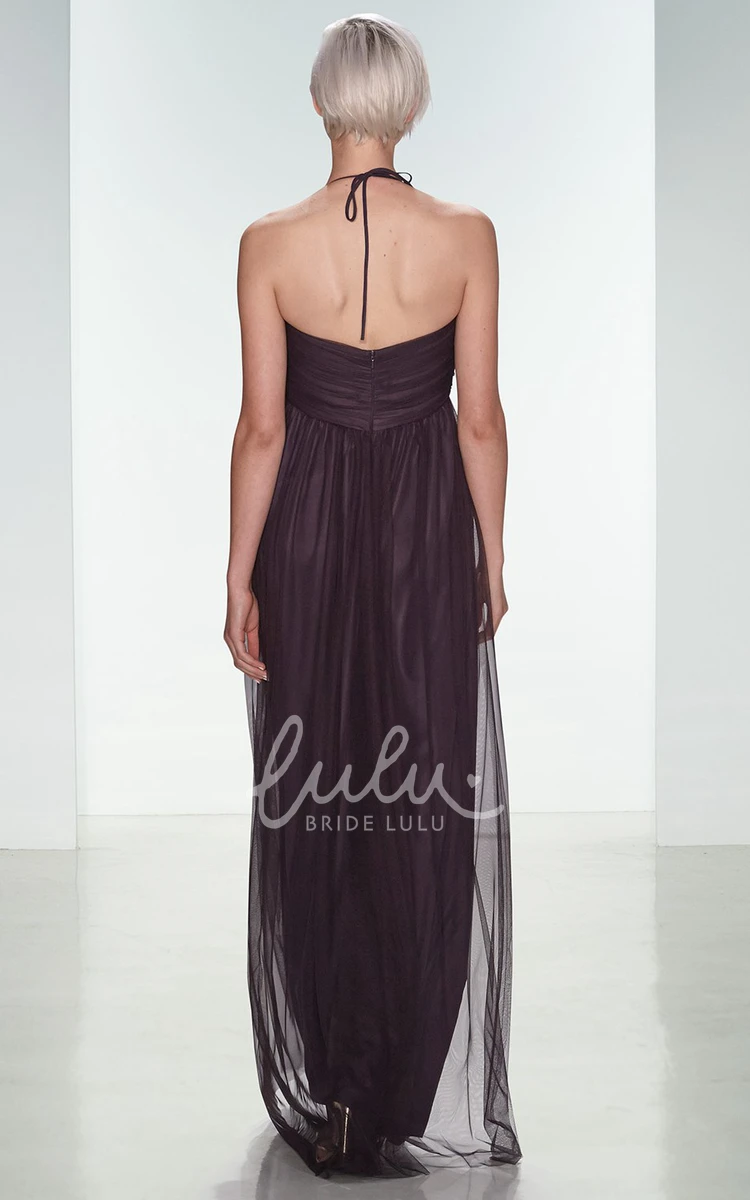 Long Tulle Bridesmaid Dress with Ruching and V-Back Empire Style