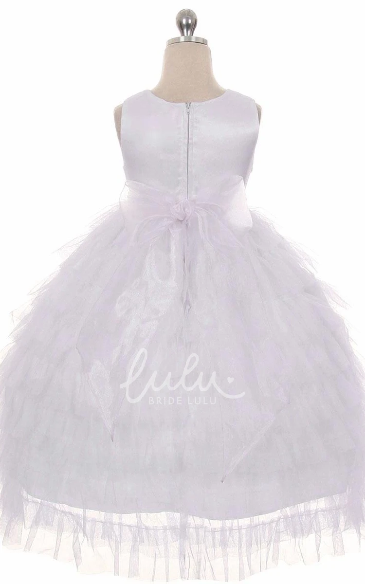Ruffled Tea-Length Beaded Tulle & Organza Flower Girl Dress Modern Wedding Dress