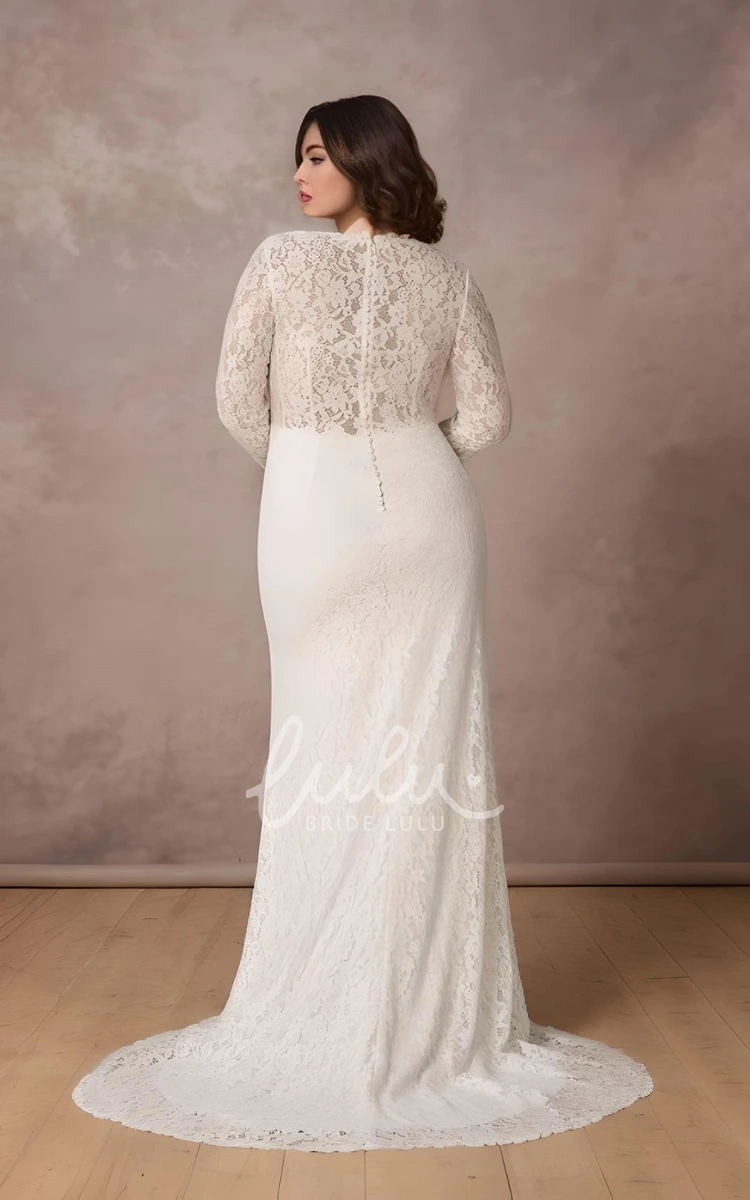 Sexy Lace Long Sleeve Mermaid Wedding Dress Plunging Neckline Bridal Gown