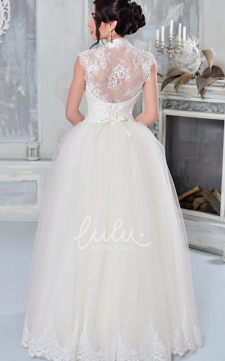 Queen-Anne Appliqued Tulle Wedding Dress with Waist Jewelry A-Line Maxi