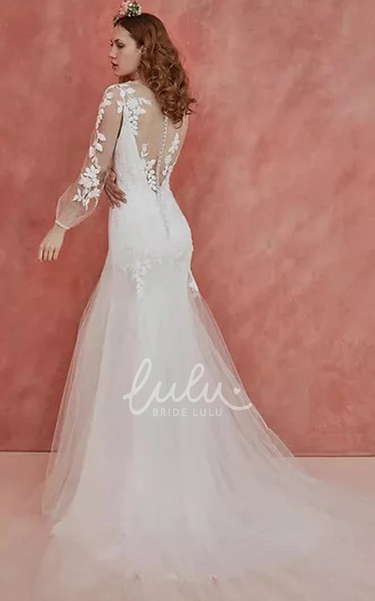 Romantic Tulle Trumpet Long Sleeve Wedding Dress With Appliques Elegant Bridal Gown