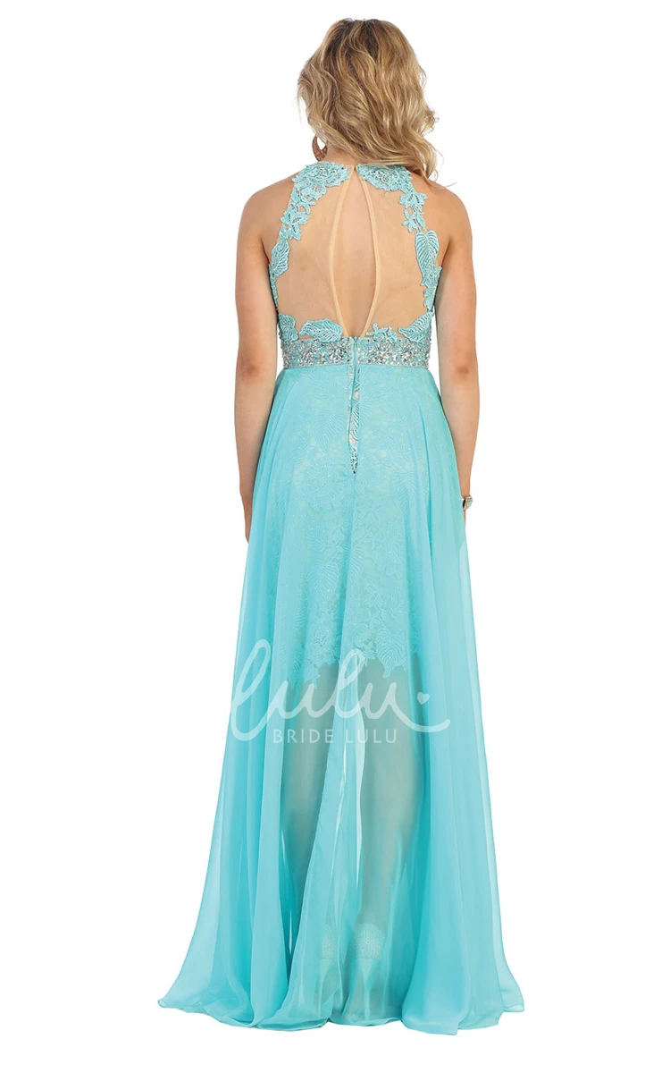 Chiffon Lace Illusion A-Line Formal Dress with Split Front and Waist Jewelry