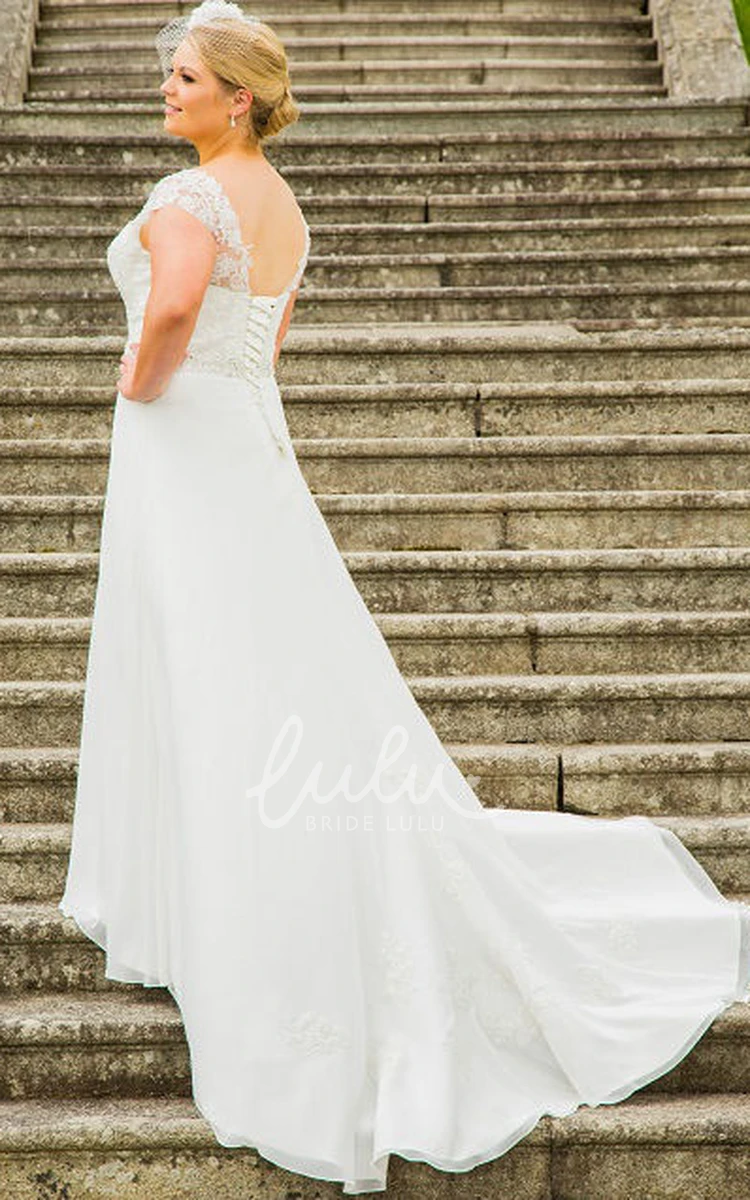 Plus Size Lace Cap Sleeve Wedding Dress with V-Neckline and Lace-Up Back