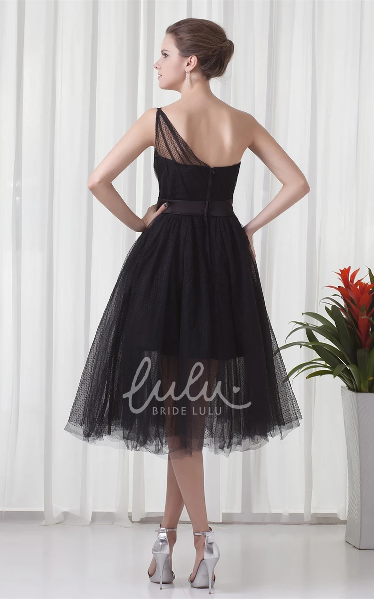 One-Shoulder Tulle A-Line Prom Dress Tea-Length Flowy Dress