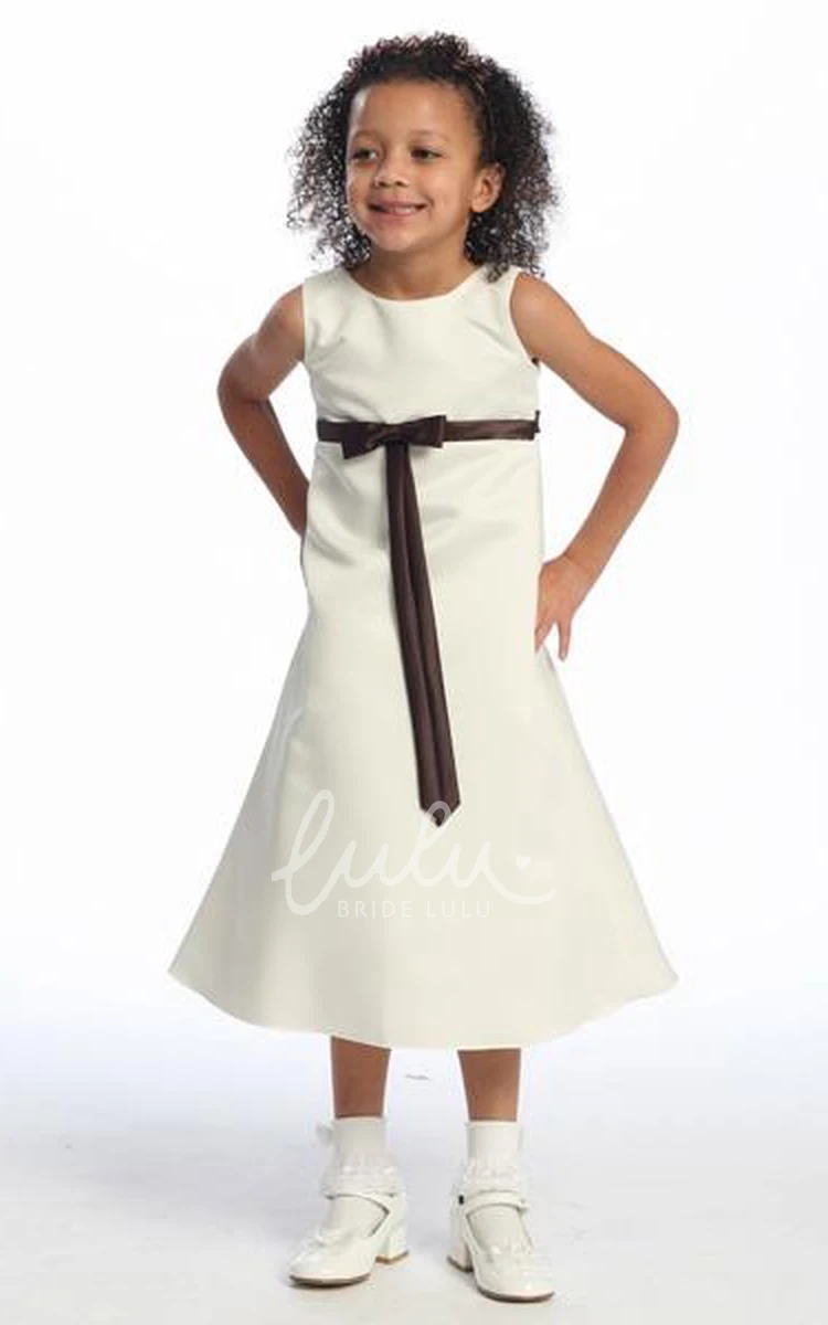 Satin Flower Girl Dress with Bow Ankle-Length