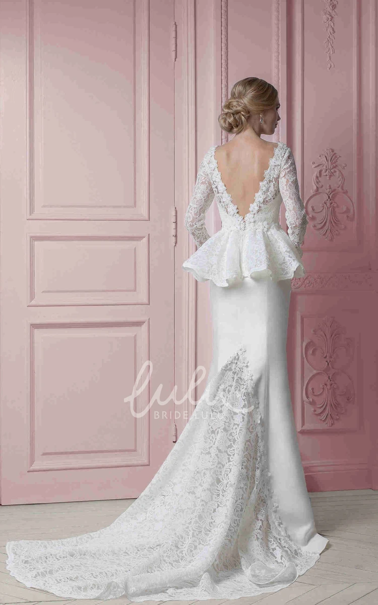 Bateau Satin Wedding Dress with Lace Peplum Long V Back Chapel Train