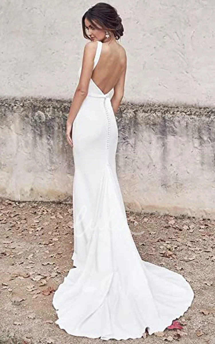 Romantic Satin Mermaid Wedding Dress with V-neck and Open Back