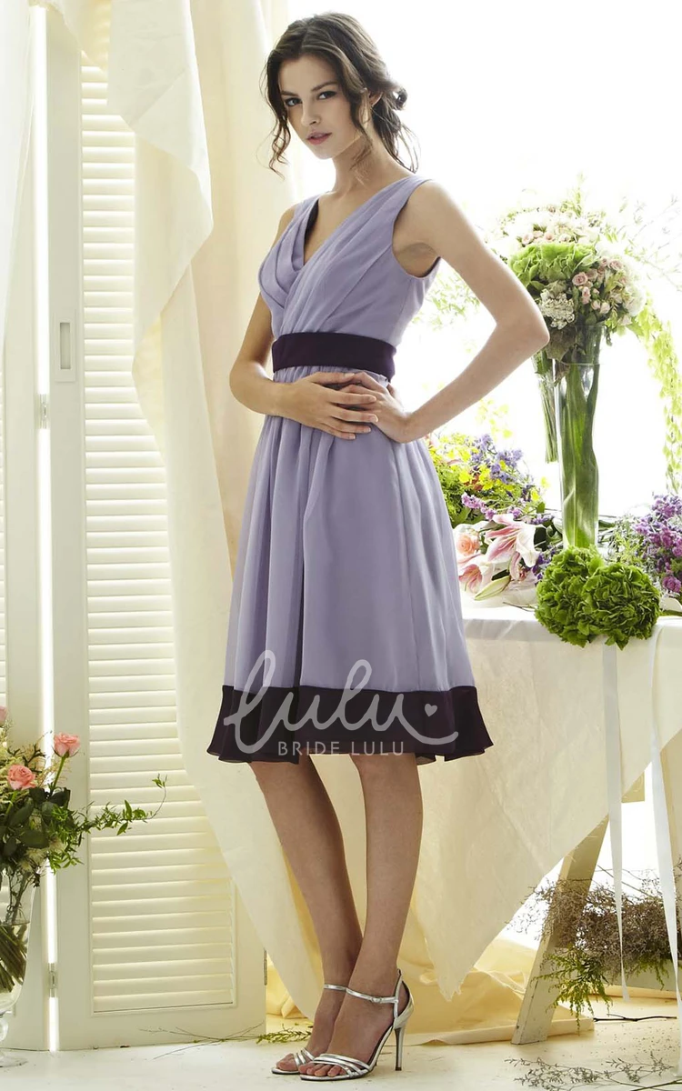 V-Neck Ruched Sleeveless Chiffon Bridesmaid Dress Short Length with V Back