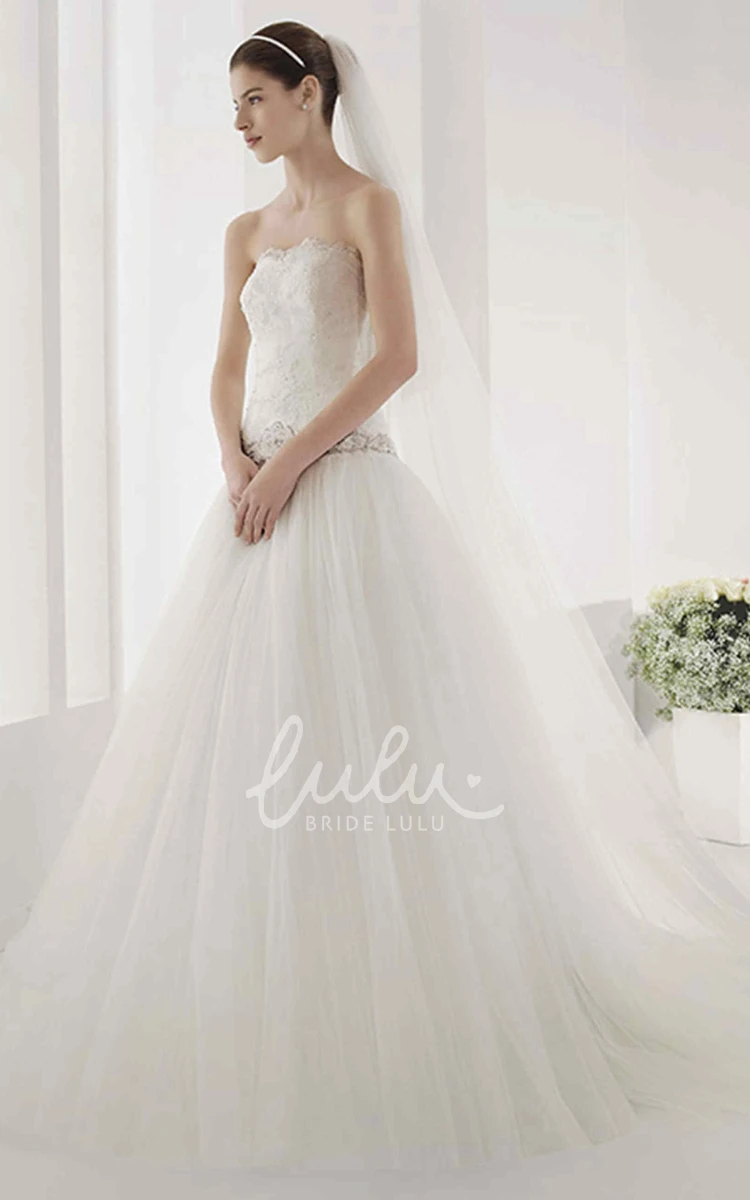 Lace Top Tulle Ball Gown with Crystal Waist Drop