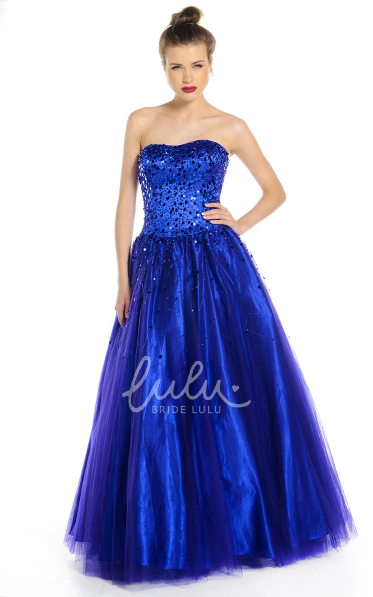 Long Sequined A-Line Strapless Tulle Prom Dress with Corset Back 2024 Prom Dress