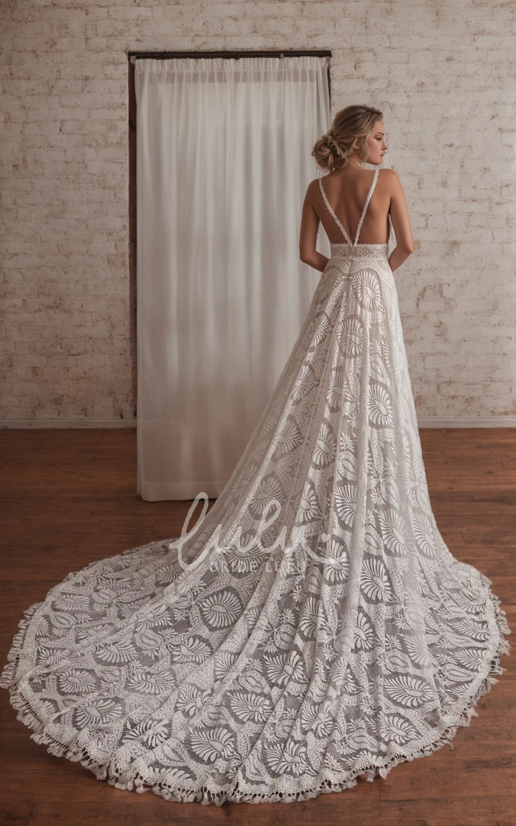 Bohemian Elegant A-Line Boho Lace Sleeveless Wedding Dress Floral Beach Romantic Court Train Backless Bridal Gown