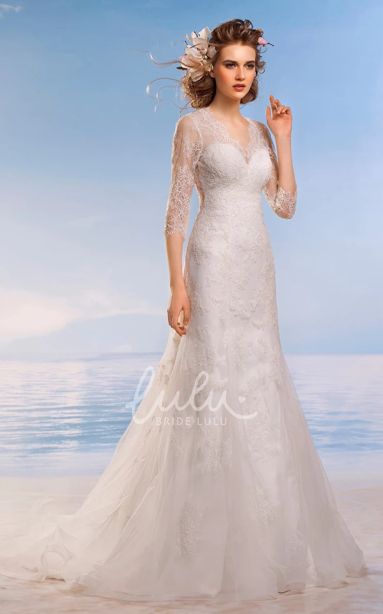 V-Neck Lace Applique A-Line Dress with Keyhole and 3/4 Sleeves