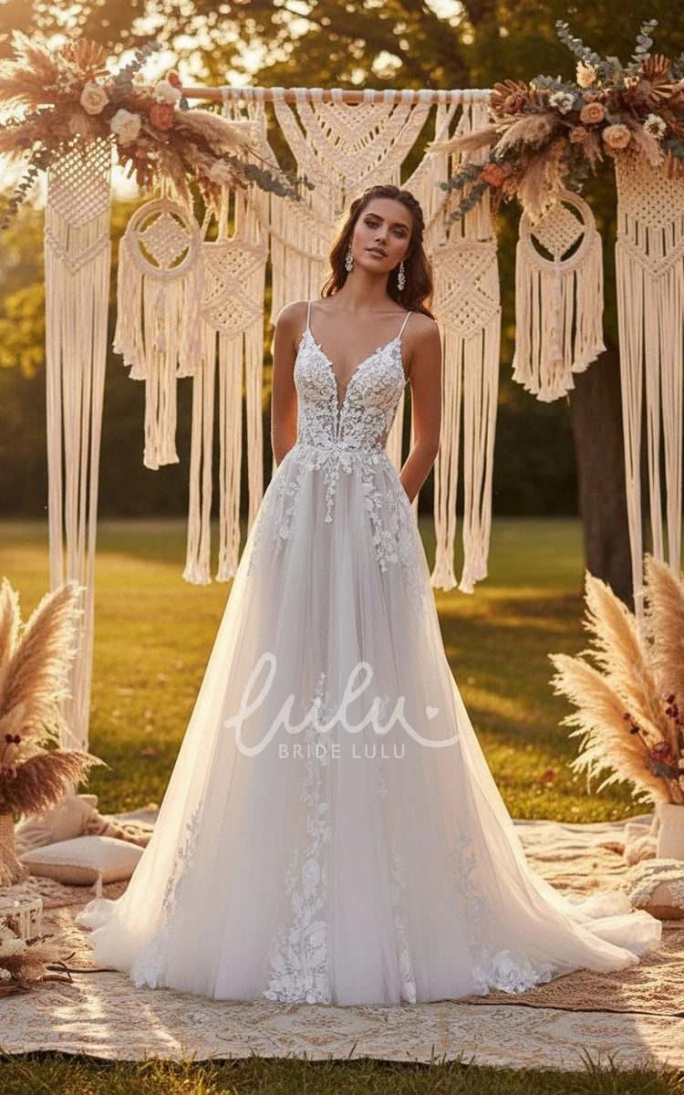Sexy Romantic A-Line Lace Flowers Tulle Spaghetti Plunging Neckline Spring Wedding Dress Ethereal Elegant Sleeveless Floor-length Deep-V Back Garden Bridal Gown with Train