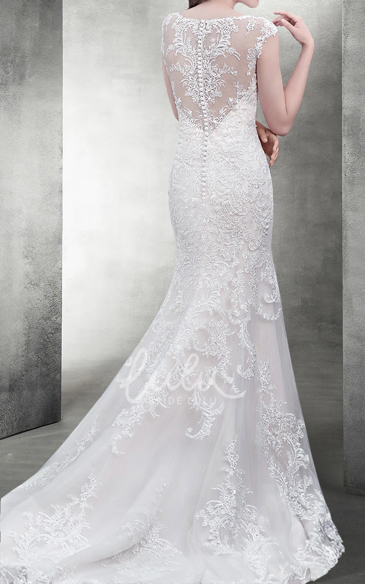 Scoop Neck Lace Wedding Dress with Illusion Back Unique Bridal Gown