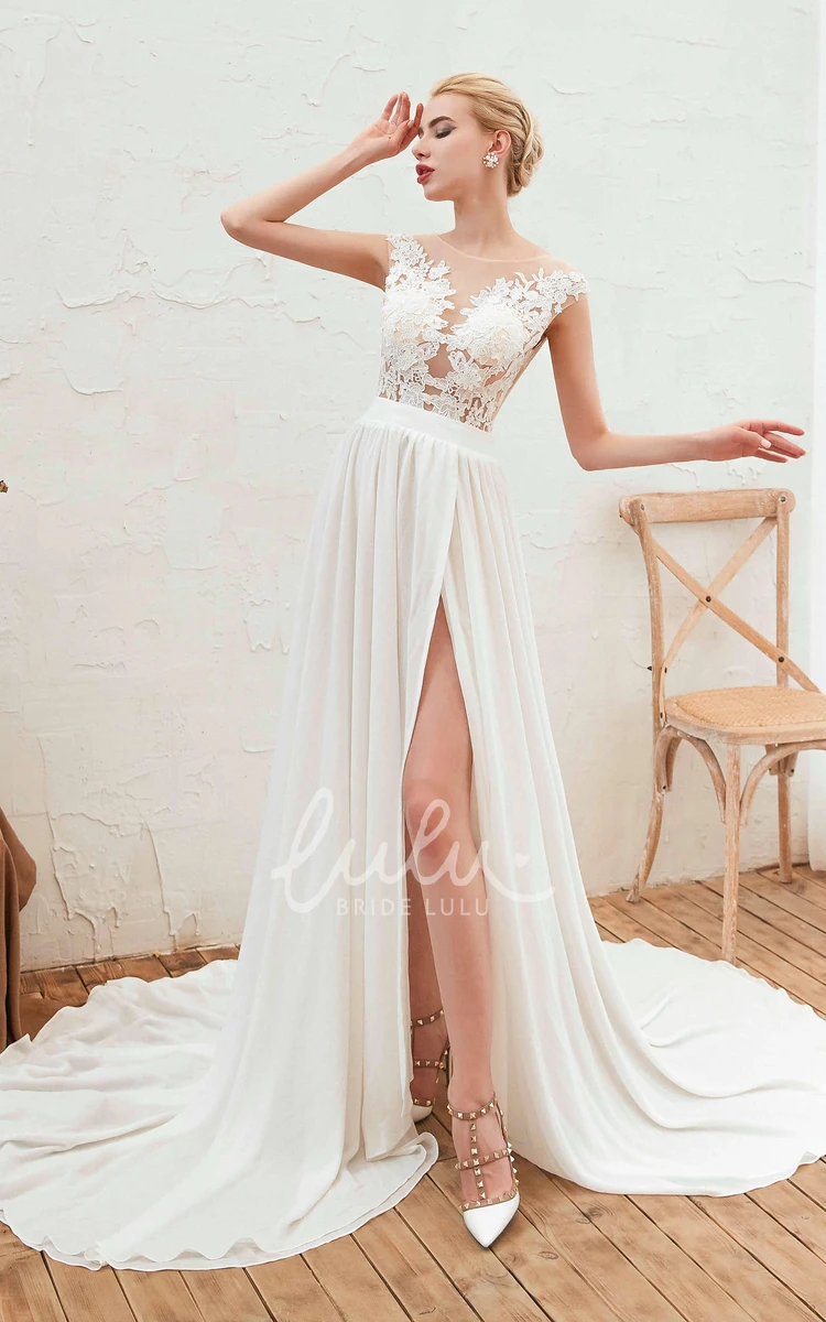 Illusion Cap Sleeve A-line Chiffon Bridal Gown with Lace Appliques