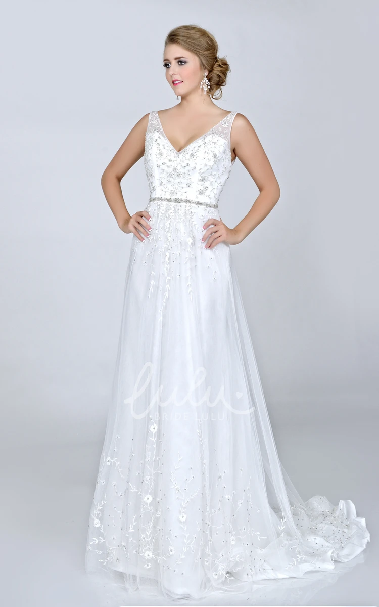 Sleeveless Lace Tulle Wedding Dress with Beadings Elegant Bridal Gown