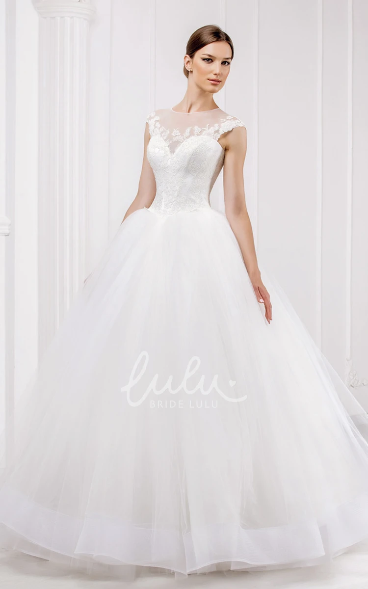 Keyhole Chapel Train Tulle Wedding Dress with Appliques Flowy Bridal Gown