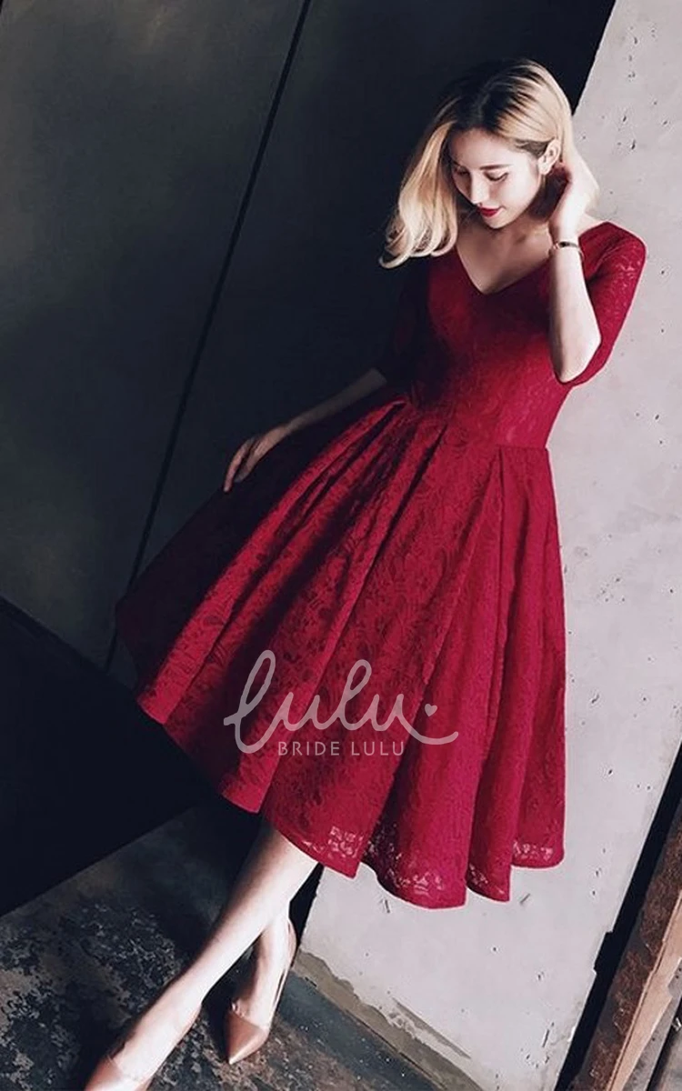 Lace V-neck Illusion Half-sleeve Cocktail Dress Adorable Mid-length