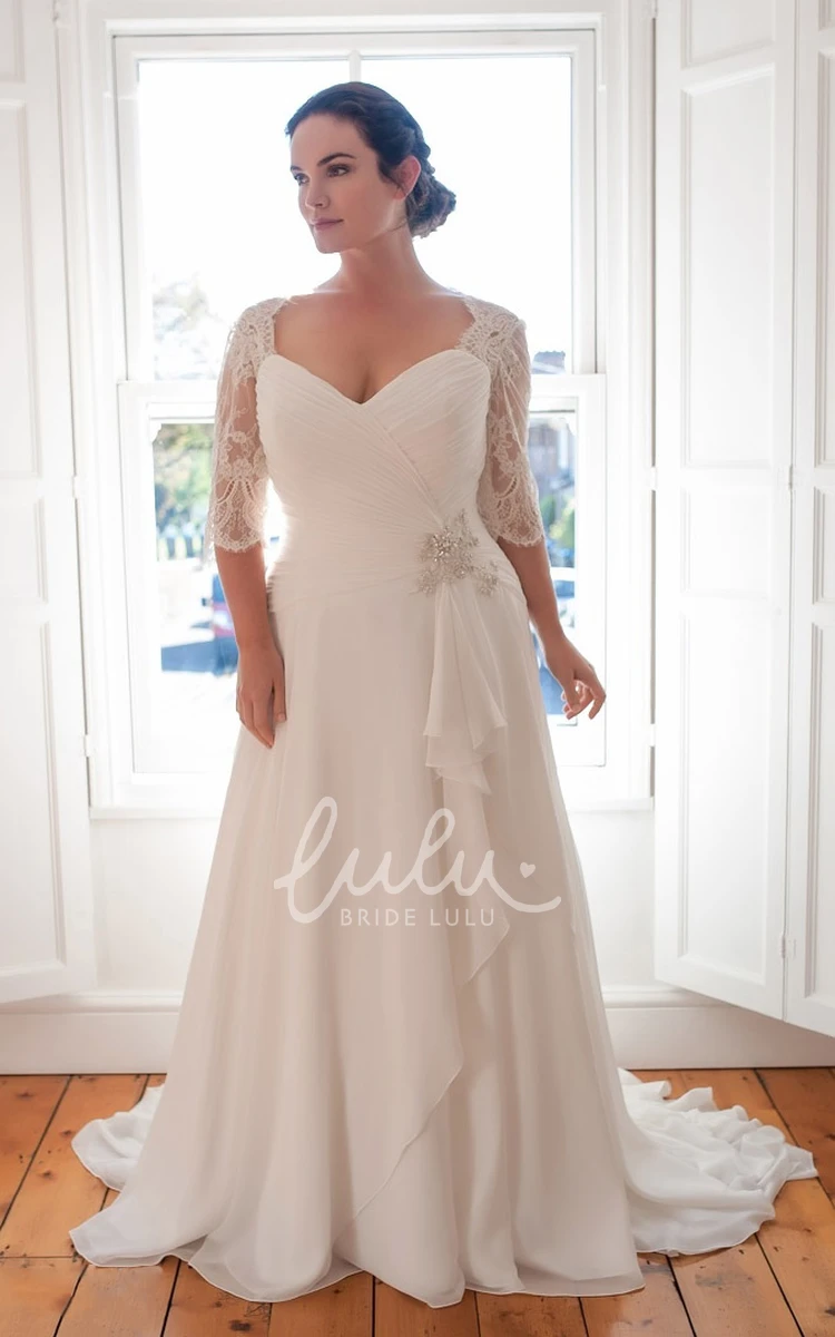 Draping Chiffon A-Line Wedding Dress with V-Neck and Half Sleeves